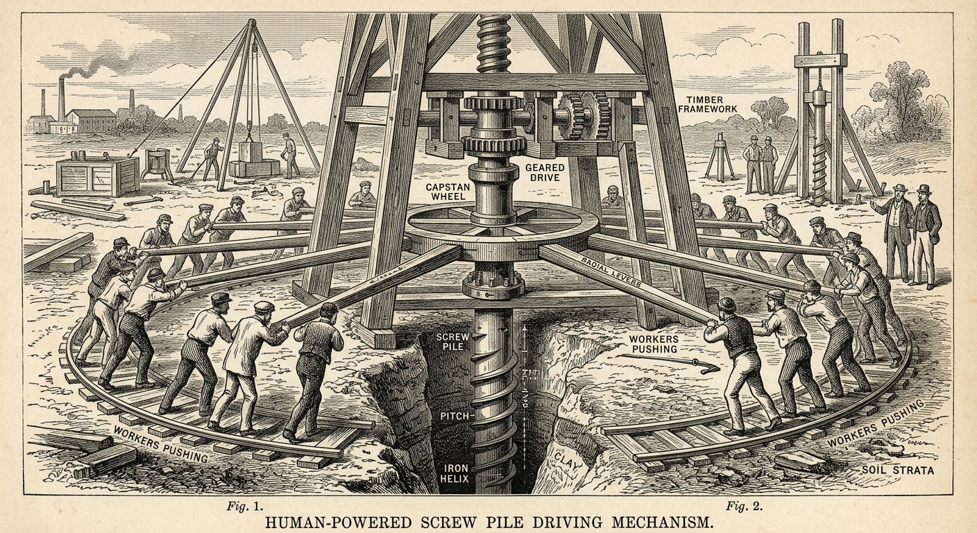 Ilustração histórica do sistema de fundação por estaca helicoidal (screw-pile), acionado manualmente.