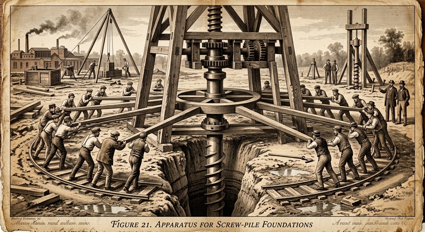 Ilustração histórica do sistema de fundação por estaca helicoidal (screw-pile), acionado manualmente.